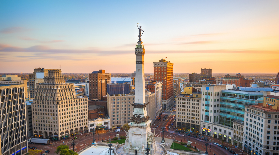 Cityscape of Indianapolis at sunset.