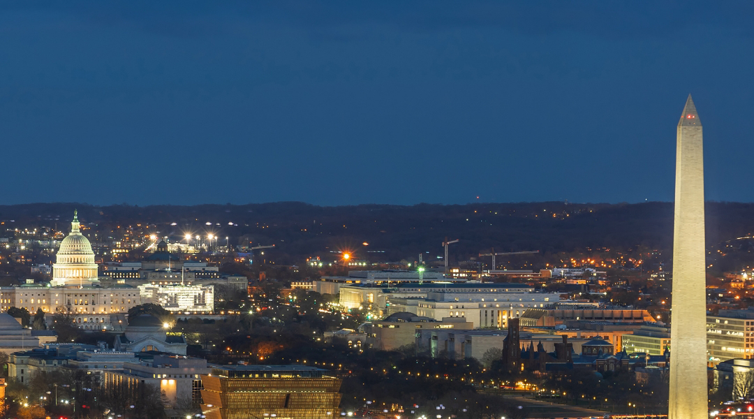 Washington DC city skyline at night.