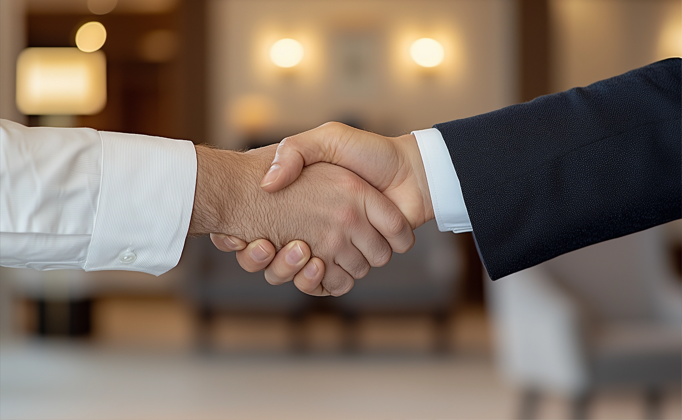 Hospitality worker and representative from hospitality staffing agency shake hands.