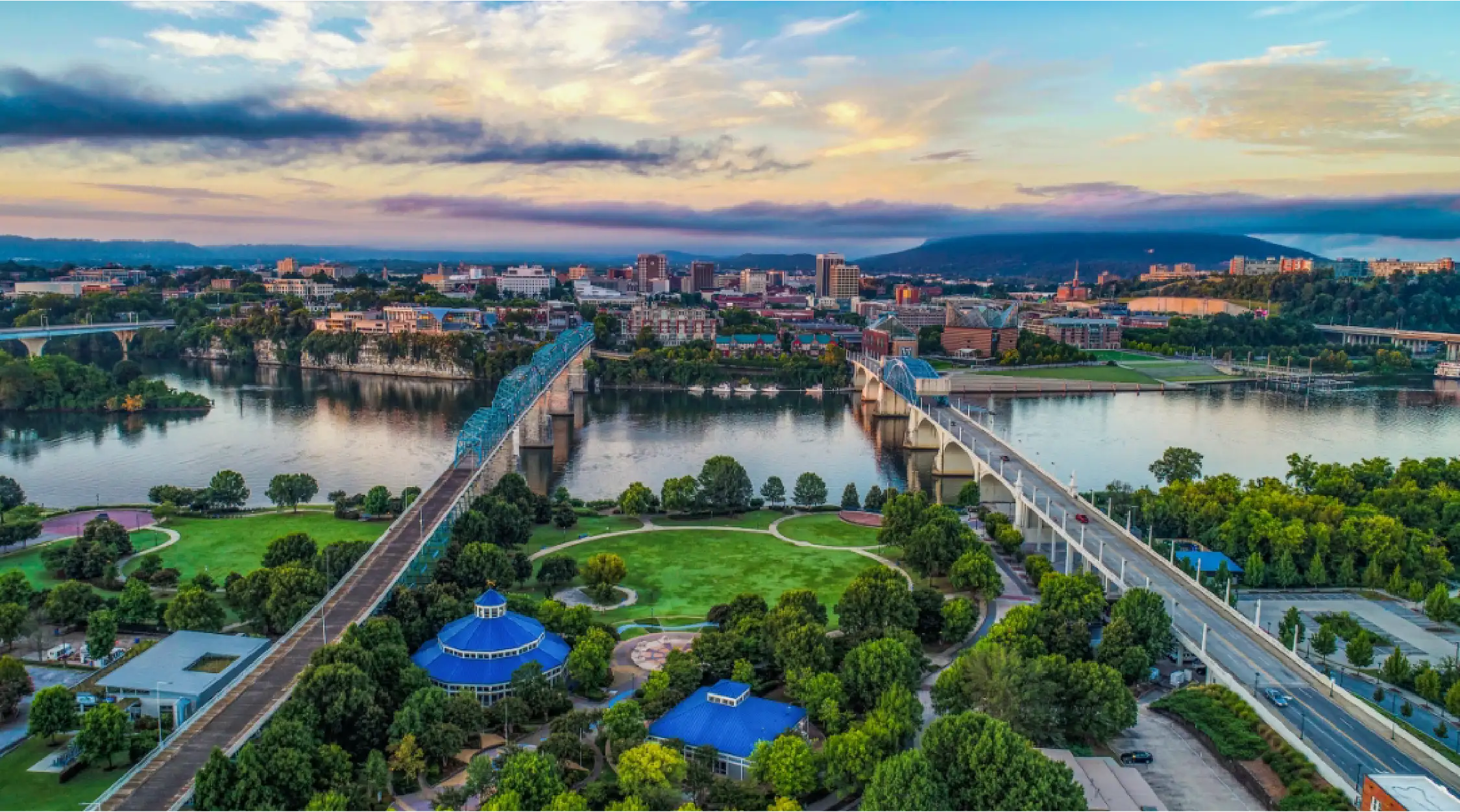 A vibrant photo of the Chattanooga city skyline at sunset.