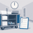 Illustration of a hotel housekeeping cart stocked with towels and cleaning supplies in a hallway, with a clipboard checklist and wall clock representing room cleaning tasks and scheduling.