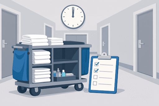 Illustration of a hotel housekeeping cart stocked with towels and cleaning supplies in a hallway, with a clipboard checklist and wall clock representing room cleaning tasks and scheduling.