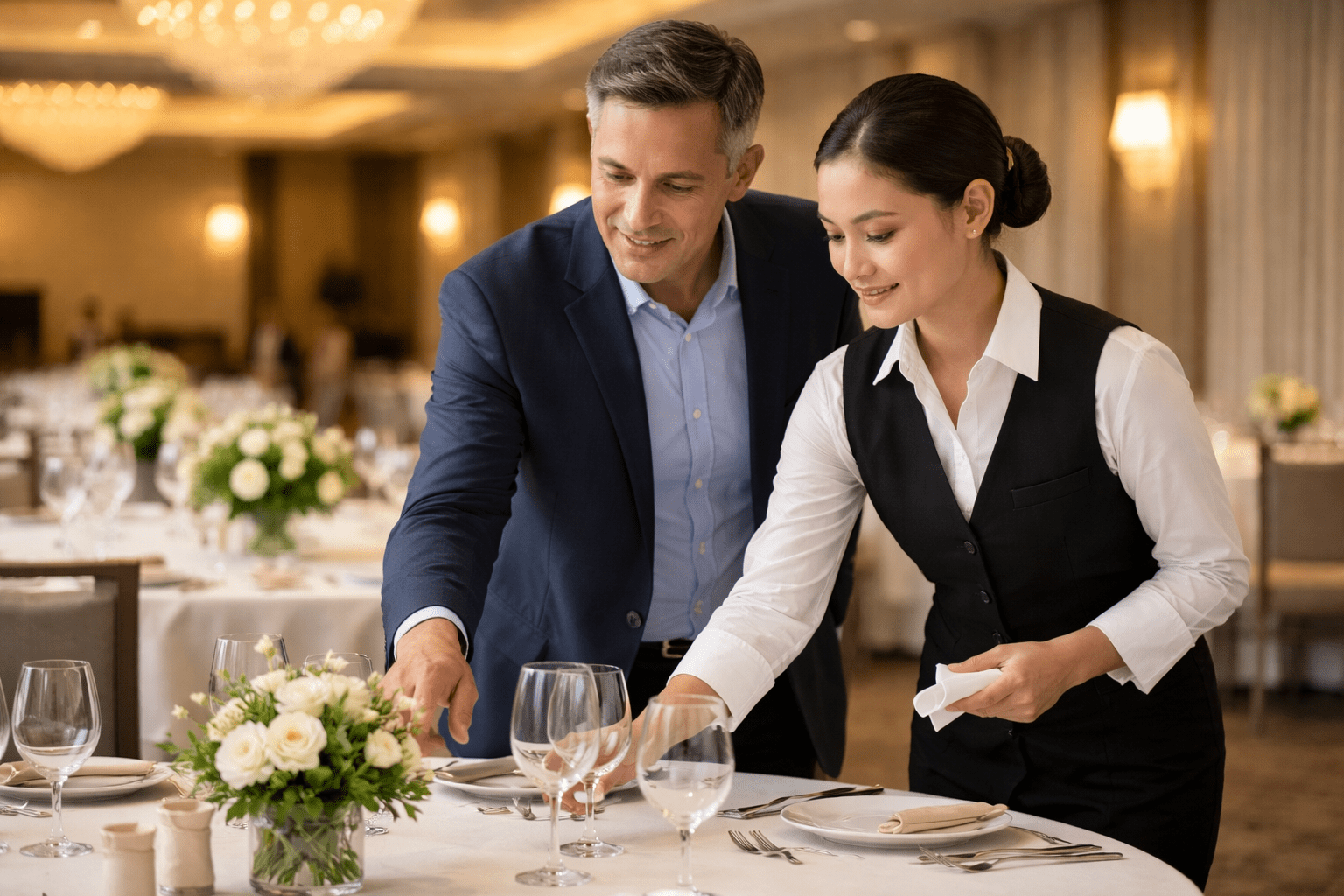 A supervisor coaches a server on table settings in an elegant banquet hall with warm ballroom lighting and softly blurred round tables in the background.