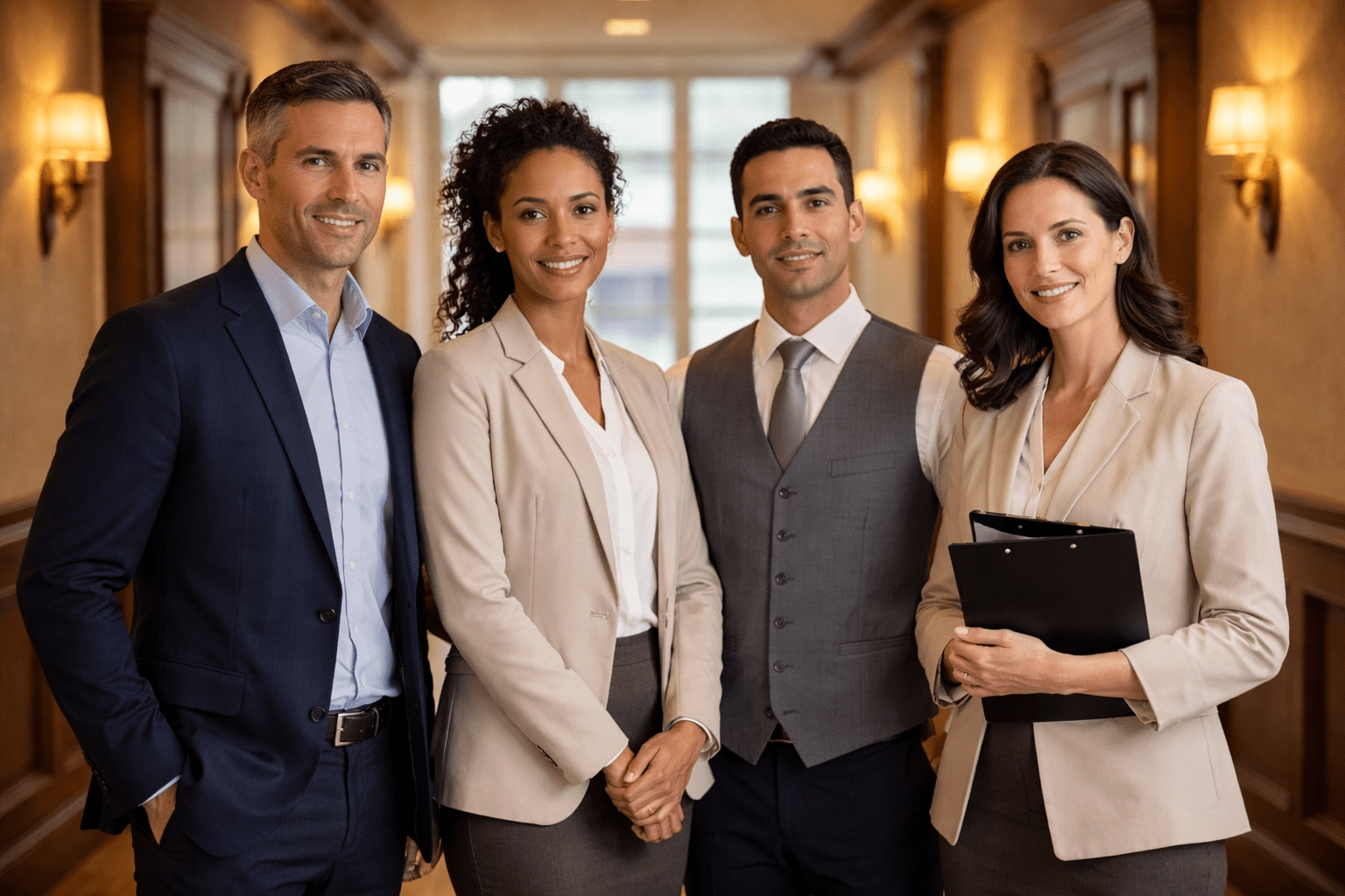 Four hospitality professionals stand in a boutique-hotel corridor with warm sconces and wood trim, one holding a clipboard in soft natural light.