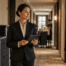 Hotel housekeeping manager reviewing room coverage on a tablet while trained attendants prepare rooms in an upscale corridor.