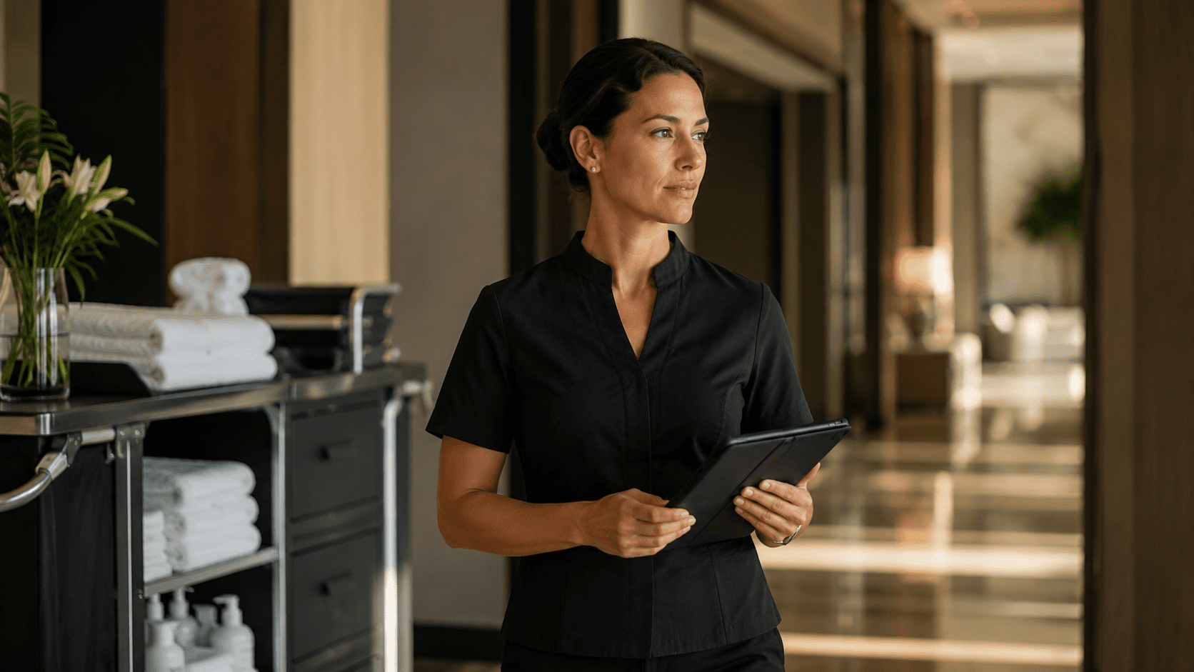 Hotel housekeeping manager holding a tablet beside a cleaning cart while reviewing staffing and turnover challenges in a modern hotel corridor.