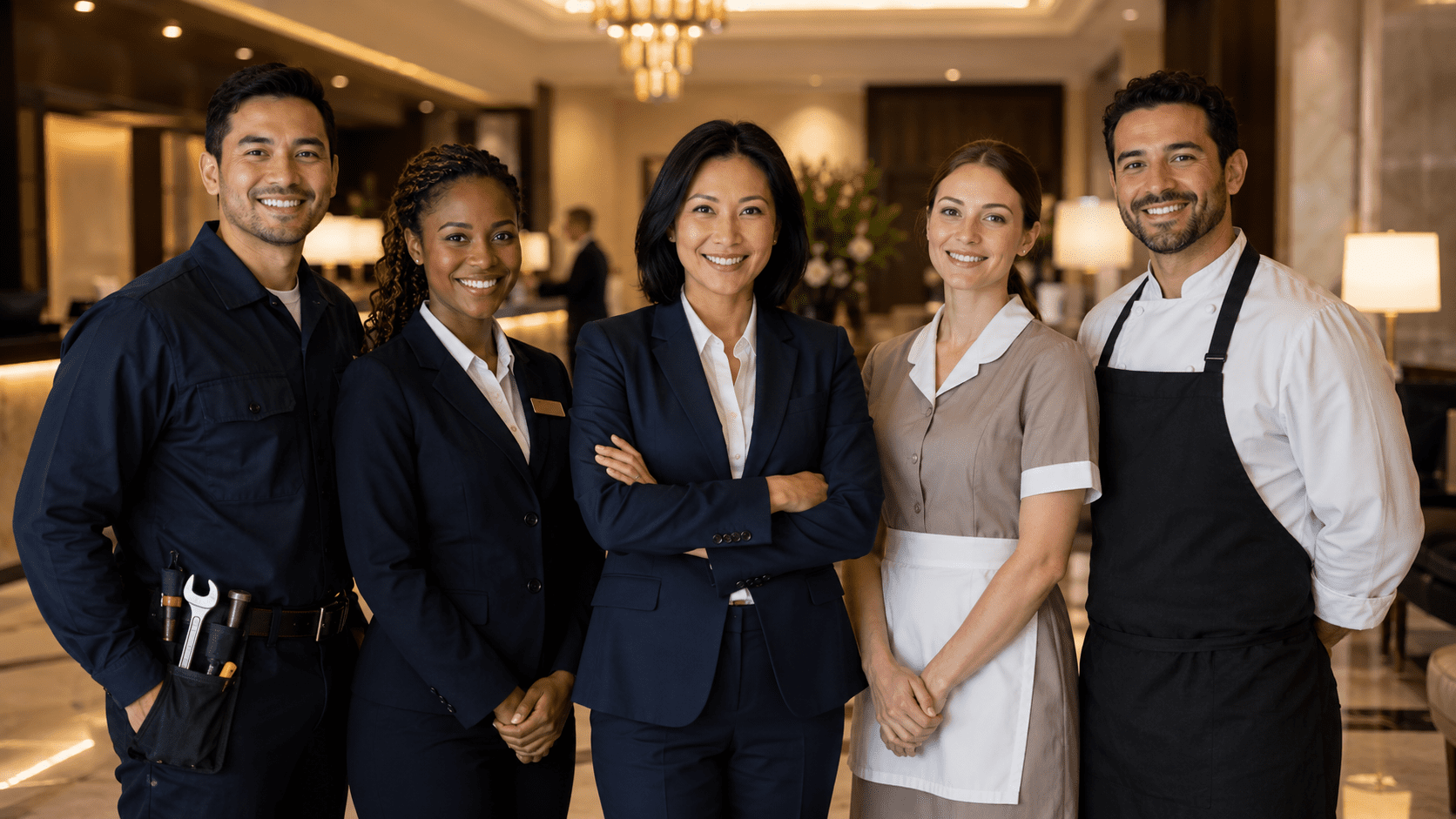 Hotel management representative standing with housekeeping, maintenance, front desk, and food service staff in an upscale hotel lobby.