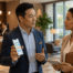 Hotel manager discussing a staffing app with a hospitality staffing representative in a modern hotel lobby.