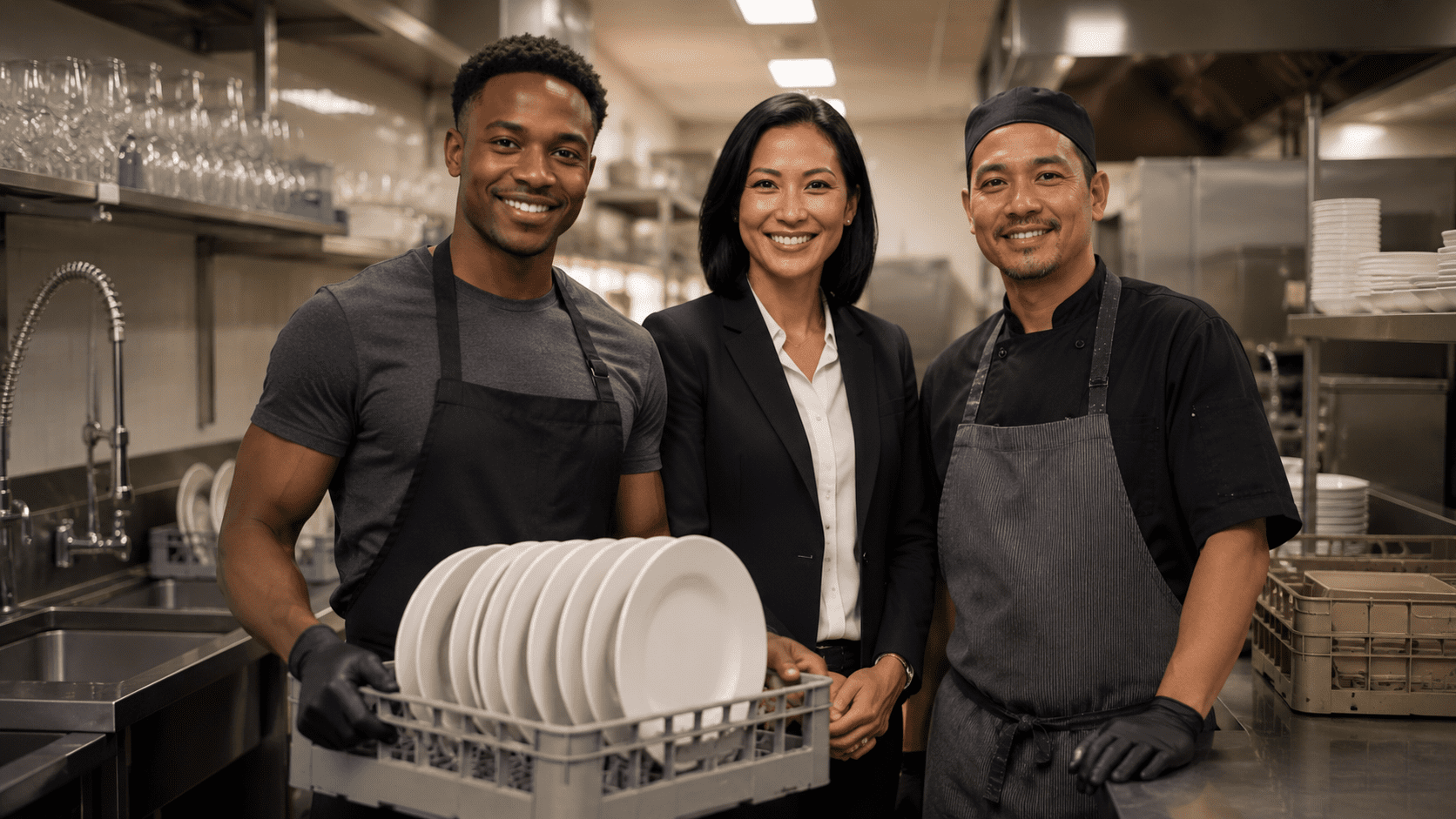 Hotel kitchen steward holding a rack of clean plates with a manager and chef in a clean commercial kitchen.